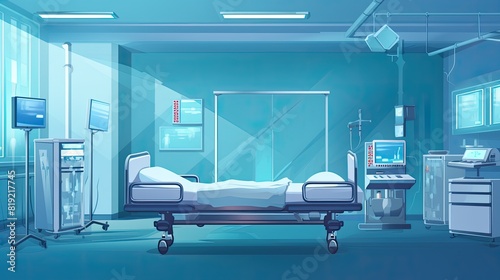 Hospital room with bed and equipment in cartoon style