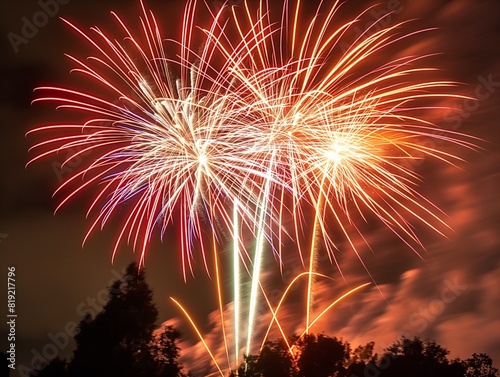A fireworks display in the sky with a red  white  and blue firework. The fireworks are lit up and are in the air