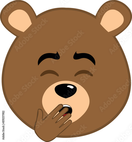 vector illustration face brown grizzly bear cartoon, yawning with hand over mouth