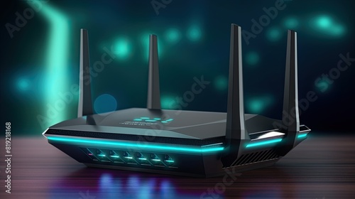 Obraz na płótnie Wi fi router with blue lights on a dark background