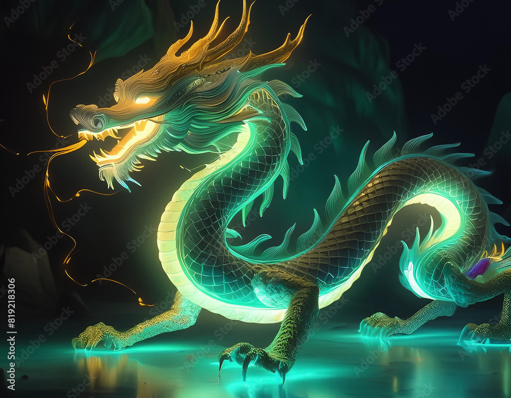 3d Rendering von einem chinesischen Drachen Neonfarben - Jahr des Drachen 