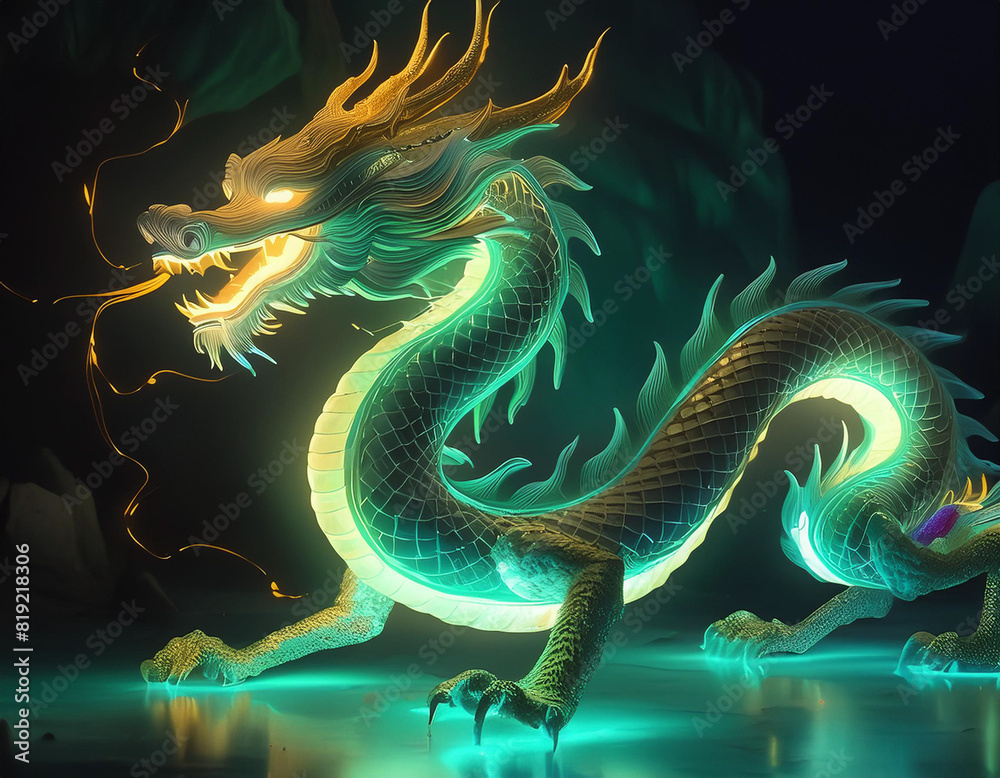 Fototapeta premium 3d Rendering von einem chinesischen Drachen Neonfarben - Jahr des Drachen 