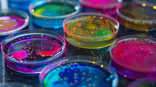 Close-up of petri dishes in microbial research laboratory.