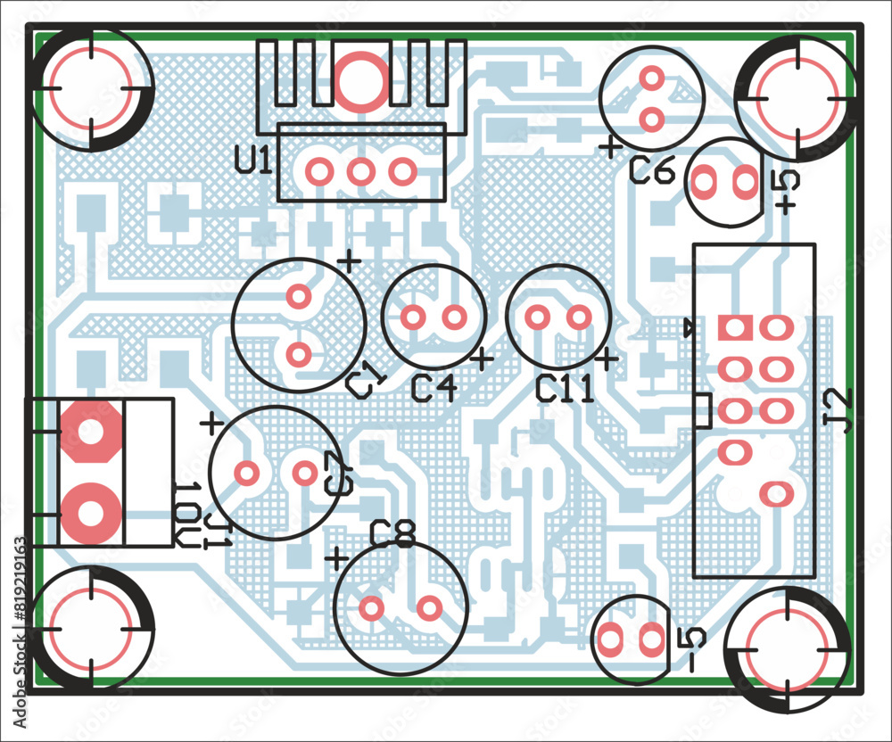 Vector printed circuit board of electronic
device with components of radio elements,
conductors and contact pads placed on pcb.
Engineering technical drawing. Vector printed circuit board of electronic
device with components of radio elements,
conductors and contact pads placed on pcb.
Engineering technical drawing.