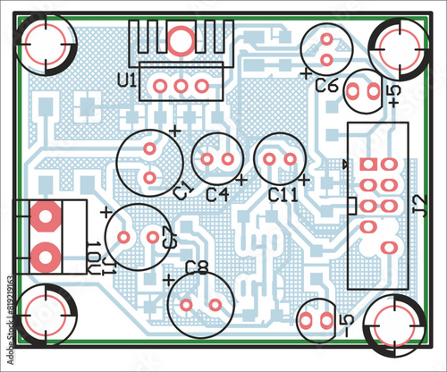 Vector printed circuit board of electronic 
device with components of radio elements, 
conductors and contact pads placed on pcb. 
Engineering technical drawing.