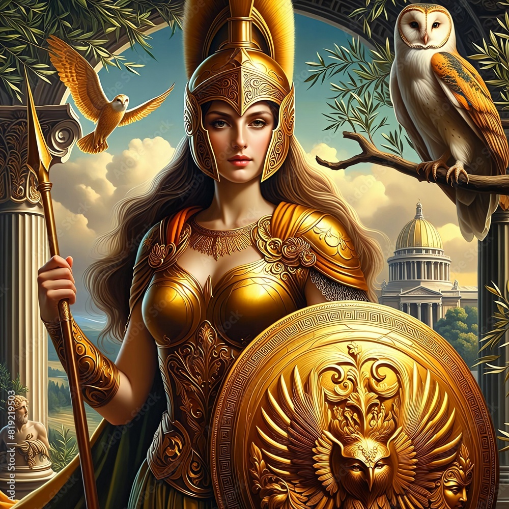 Athena, the Greek goddess of wisdom and war, in a golden helmet and ...