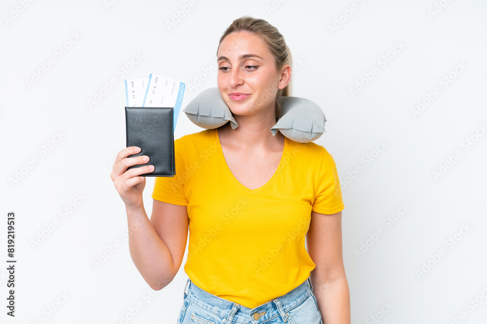 Woman with Inflatable Travel Pillow looking to the side and smiling Woman with Inflatable Travel Pillow looking to the side and smiling