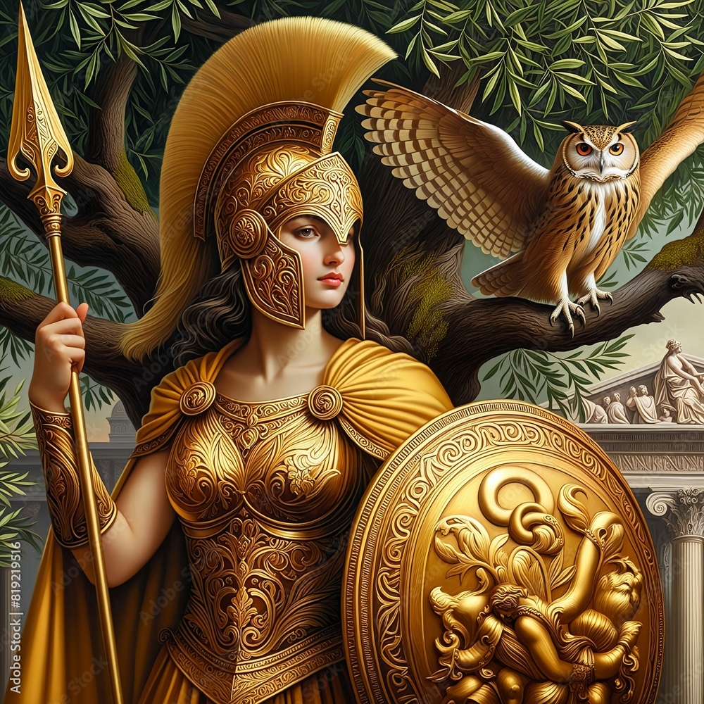Athena, the Greek goddess of wisdom and war, in a golden helmet and ...