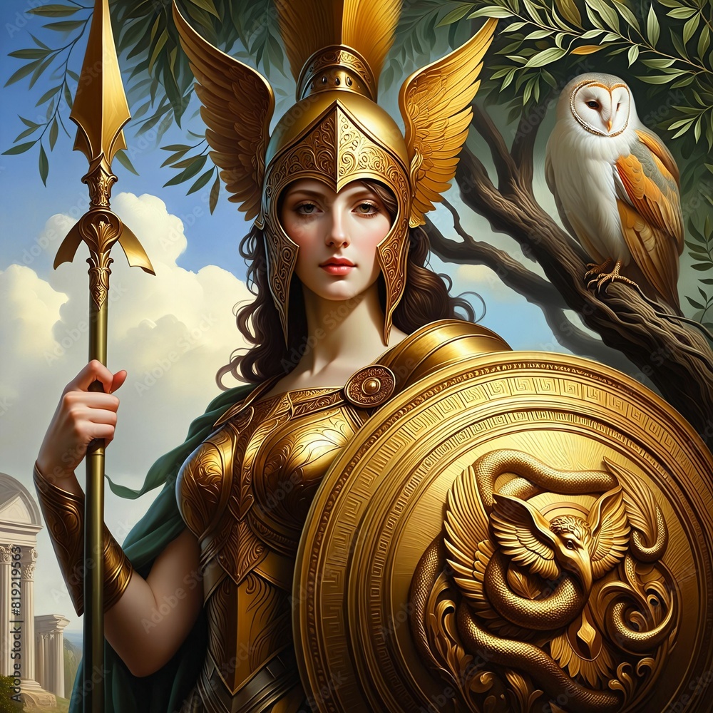 Athena, the Greek goddess of wisdom and war, in a golden helmet and