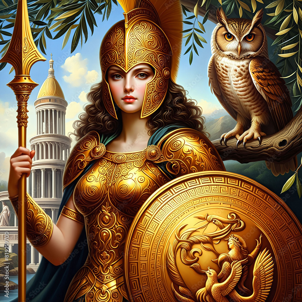 Athena, the Greek goddess of wisdom and war, in a golden helmet and ...
