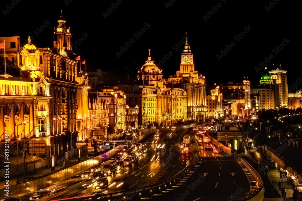 Shanghai Bund at Night With Cars