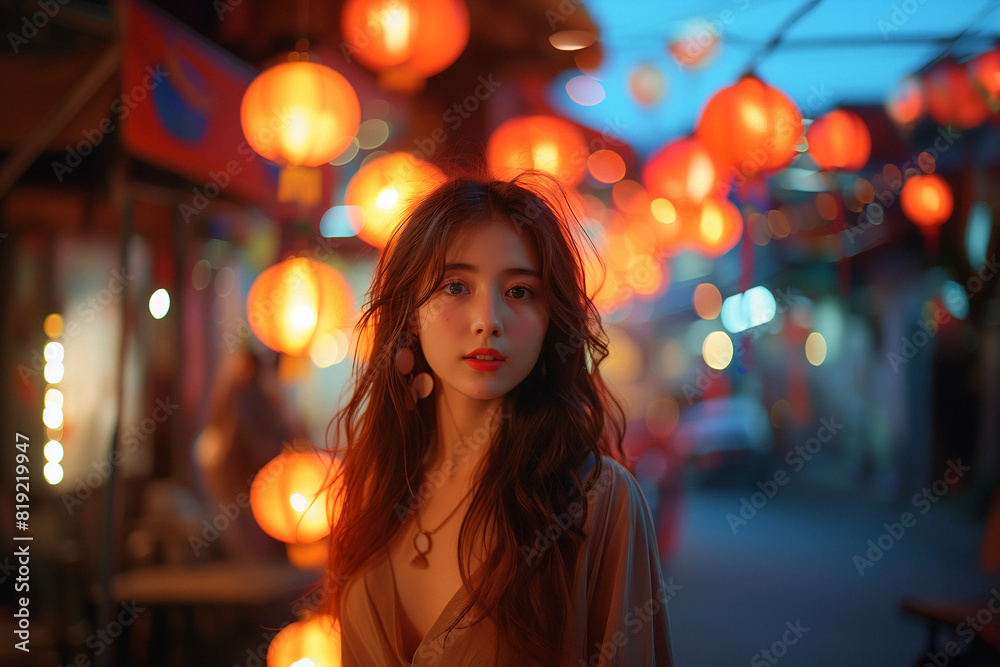 Cultural exchange program promoting mutual understanding and appreciation among diverse societies .A happy woman stands in front of orange lanterns at a fun city event Cultural exchange program promoting mutual understanding and appreciation among diverse societies .A happy woman stands in front of orange lanterns at a fun city event