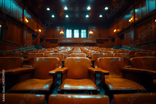 An international court trial prosecuting individuals for war crimes and human rights violations .Rows of brown chairs fill a spacious auditorium at the performing arts center photo
