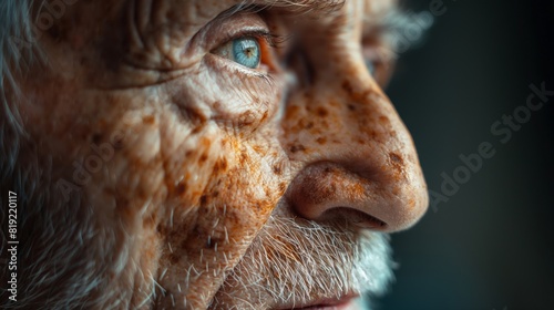 An elderly man with prominent freckles on his face