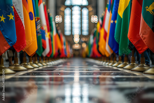 Negotiations between trade representatives from different countries seeking to establish economic partnerships .Colorful flags from various countries create a symmetrical display in the room photo