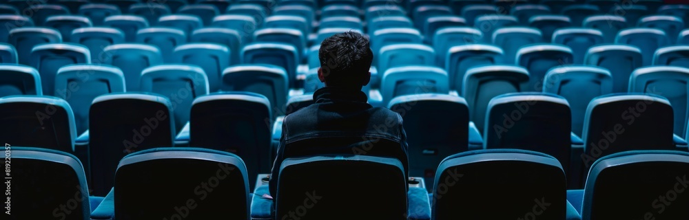 Naklejka premium one man sitting in empty cinema or theater auditorium