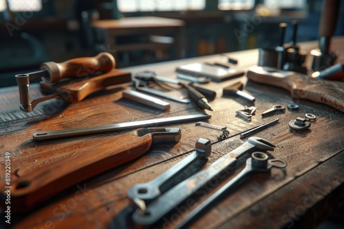Various tools neatly arranged on a wooden table. Ideal for DIY and construction projects