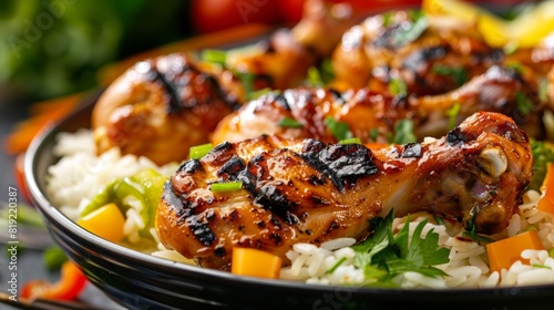 Hawaiian cuisine. Grilled chicken legs with rice.  photo