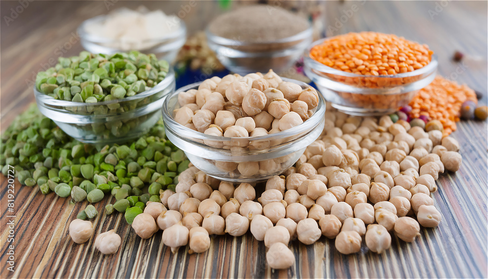 Various assortment of indian legumes in bowls - beans, chickpeas, lentils, dal top view. Vegetable proteins. Vegan food. Healthy eating concept. Various assortment of indian legumes in bowls - beans, chickpeas, lentils, dal top view. Vegetable proteins. Vegan food. Healthy eating concept.