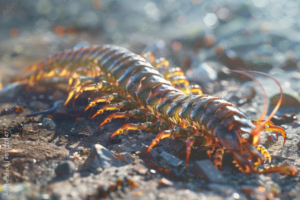 Fototapeta premium Detailed close-up of a centipede on the ground, perfect for educational materials