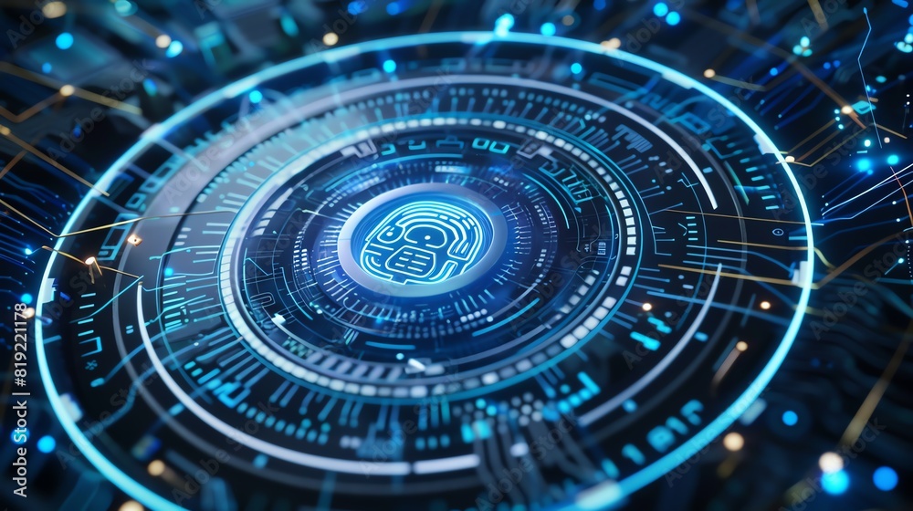 Futuristic digital interface with AI microchip hologram. Concept of artificial intelligence, technology innovation, and cybersecurity. Futuristic digital interface with AI microchip hologram. Concept of artificial intelligence, technology innovation, and cybersecurity.