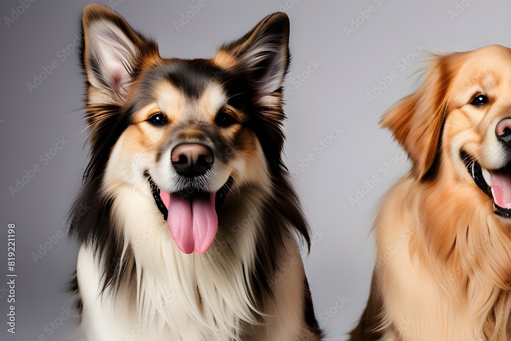  happy panting golden retriever dog and blue maine coon looking at camera isolated on white
