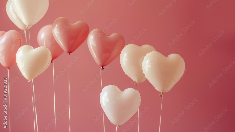 Pink and white heart-shaped balloons floating on pink. Pink and white heart-shaped balloons floating on pink.