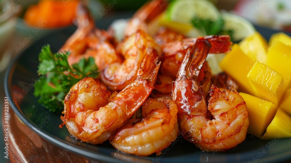 Hawaiian cuisine. Fried shrimp with mango slices. Hawaiian cuisine. Fried shrimp with mango slices.