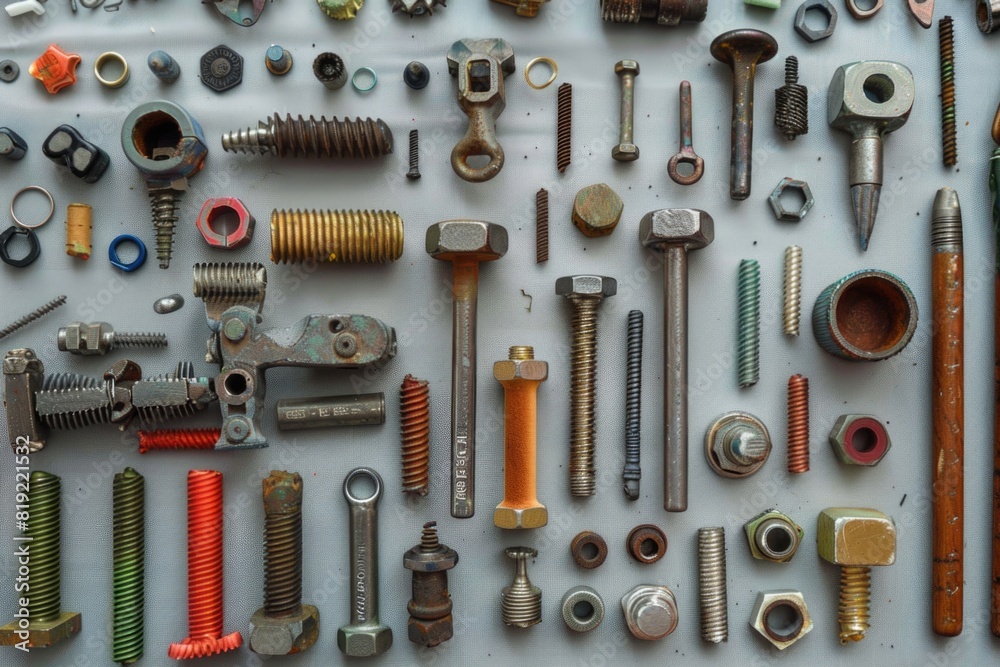 Various nuts and screws arranged on a table. Suitable for industrial and construction concepts Various nuts and screws arranged on a table. Suitable for industrial and construction concepts