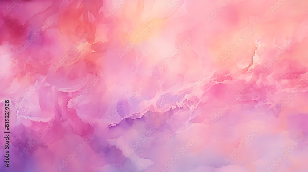 A vibrant watercolor background with splashes of pink and purple, reminiscent of a sunset over the ocean.
