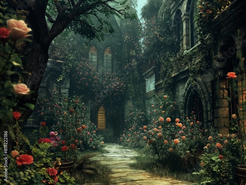 A fantasy scene with a path through a garden with many flowers and a tree. The flowers are red and pink and the path is lined with them © MaxK