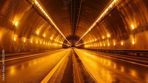 Illuminated highway tunnel with warm glowing lights, showcasing modern engineering. © Cassova