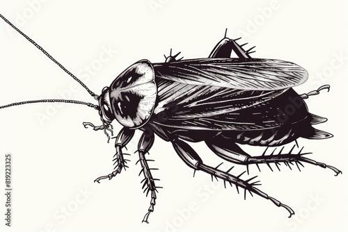 Detailed black and white illustration of a cockroach. Suitable for educational materials or pest control brochures