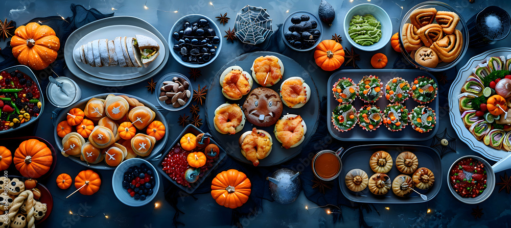 A spooky Halloween buffet table with themed foods and drinks, creating a festive atmosphere A spooky Halloween buffet table with themed foods and drinks, creating a festive atmosphere