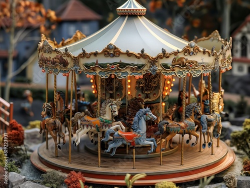 A carousel with horses and a roof. The horses are all different colors and sizes. The carousel is in a park setting photo