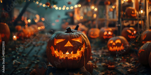 A spooky Halloween display with multiple carved pumpkins and eerie decorations photo