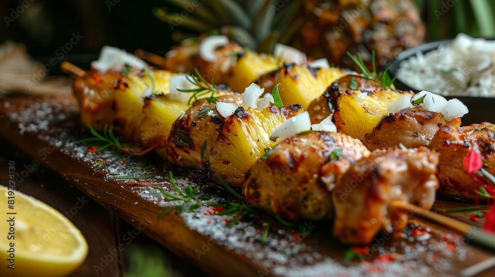 Hawaiian cuisine. Chicken kebab with coconut and pineapple. Stock Photo ...