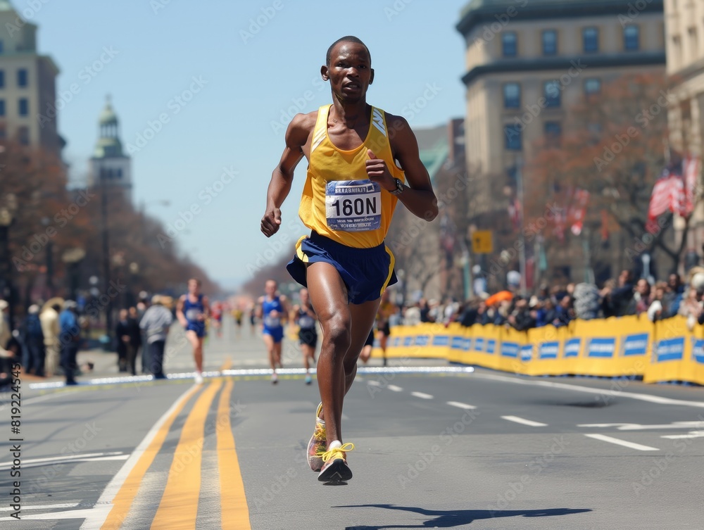 A man runs on a street with a yellow and blue sign behind him. There are other people in the background