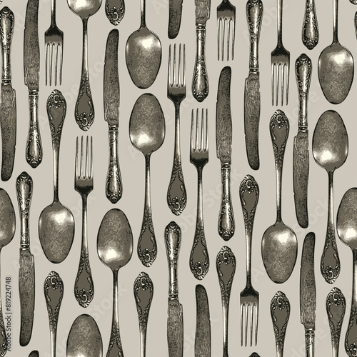 seamless pattern with cutlery fork spoon and knife in vintage style. Suitable for vintage Wallpaper, wrapping paper, fabric