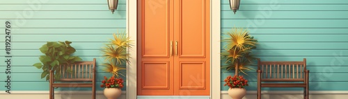 front door flat design front view suburban house theme 3D render Splitcomplementary color scheme