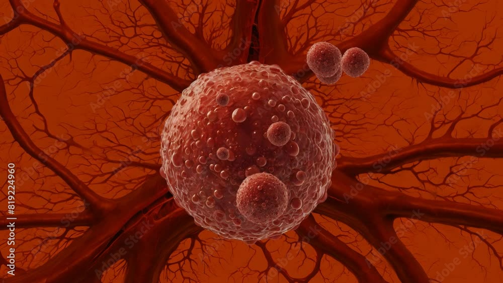  A tumor emerges from a ruptured blood vessel, with similar tumors bursting out. This animated scene vividly illustrates the aggressive spread of cancer cells from damaged vascular tissue