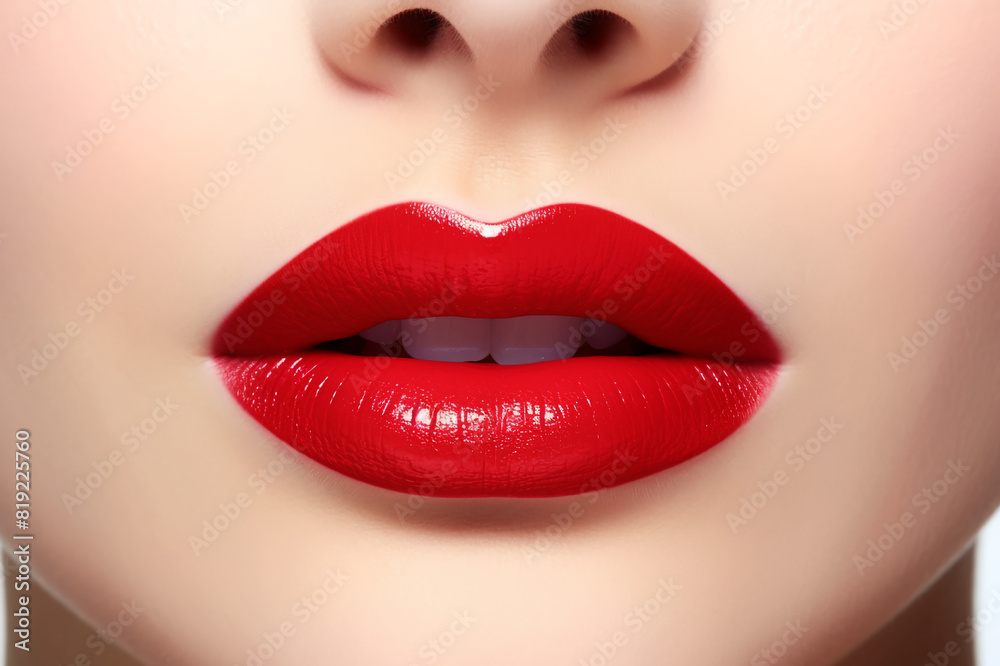 Fototapeta premium Beautiful red lips of a woman, close-up.Generative AI.