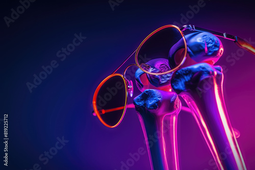 radiographic knee with osteoarthritis, technology colors, ultra realistic, panoramic composition, neon lighting, the glasses have arm joint for lenses © Sattawat