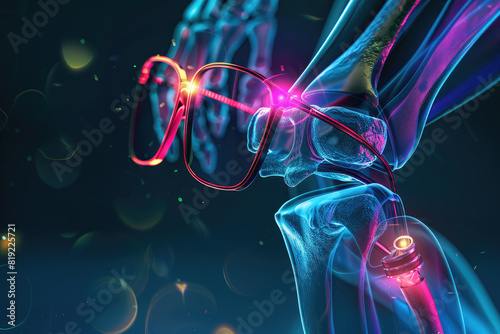 radiographic knee with osteoarthritis, technology colors, ultra realistic, panoramic composition, neon lighting, the glasses have arm joint for lenses photo