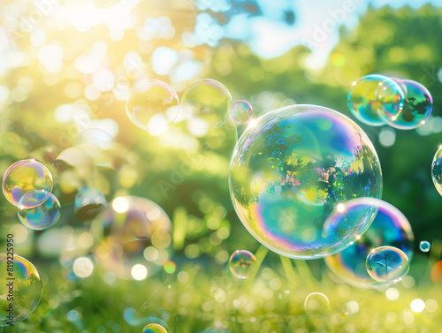 Large soap bubbles fly in the air in the park