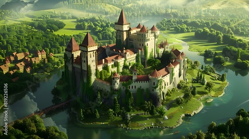 Isometric 3D render of a medieval castle surrounded by a moat and lush countryside photo