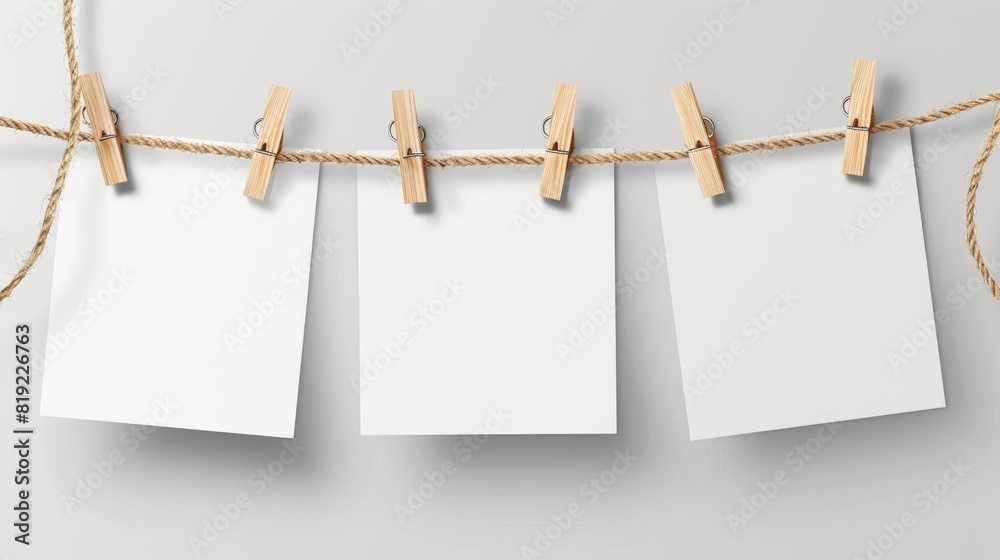 Assorted blank paper sheets on string transparent background mockup template for artwork design Assorted blank paper sheets on string transparent background mockup template for artwork design