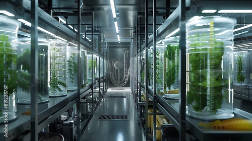 A laboratory filled with transparent tanks containing genetically modified organisms photo