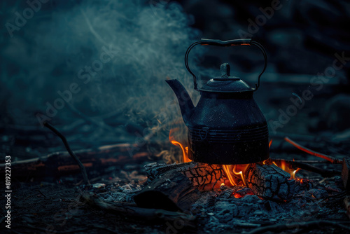 Small kettle is heated on a bonfire. Hiking, travel in the mountains. Outdoor recreation concept. Lapland. is standing upright against a dark background