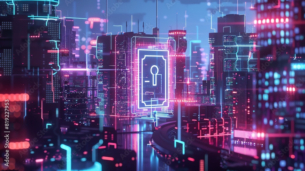 Futuristic cityscape with glowing neon lights, showcasing digital security and modern technology. Ideal for cyber, tech, and innovation themes. Futuristic cityscape with glowing neon lights, showcasing digital security and modern technology. Ideal for cyber, tech, and innovation themes.